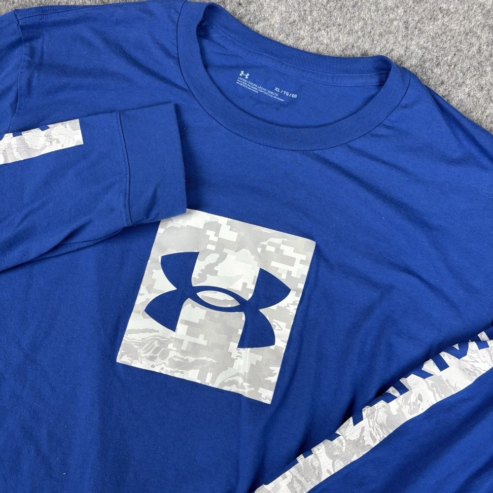 Under Armour Shirt Mens Xl Blue Long Sleeve Athletic‎ Camo Logo Loose Fit Tee
